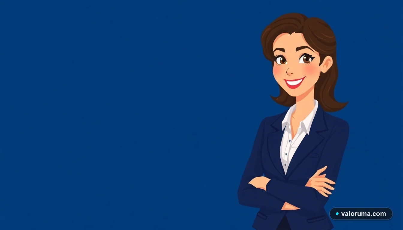 Ilustración de contadora mexicana sonriente con fondo azul corporativo para calculadora de aguinaldo sueldo diario 2026.