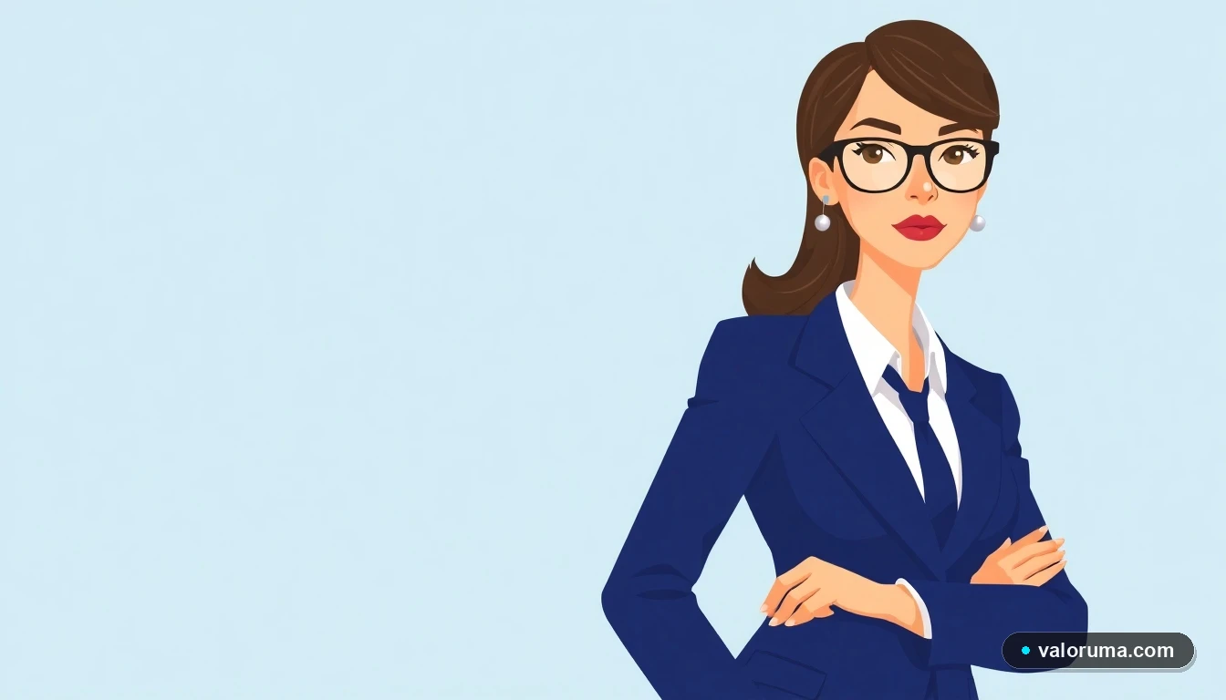 Ilustración de contadora mexicana seria en traje azul marino, espacio vacío a la izquierda para texto, estilo Corporate Memphis, colores corporativos azules.