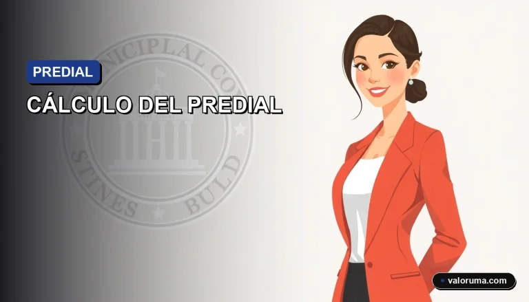 Ilustración vectorial corporativa de una asesora fiscal en México calculando el impuesto predial con documentos y gráficos, sobre fondo minimalista.
