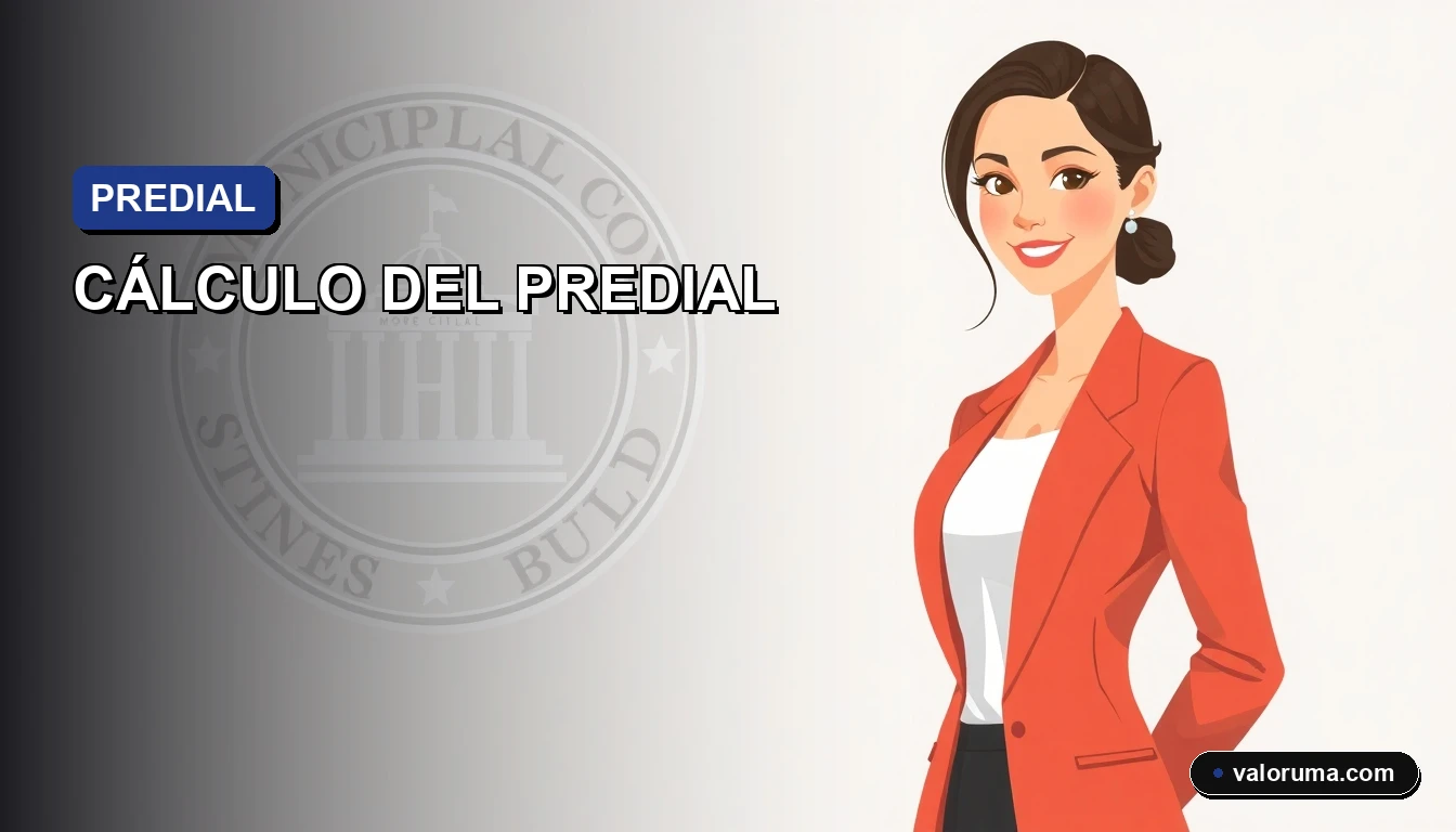 Ilustración vectorial corporativa de una asesora fiscal en México calculando el impuesto predial con documentos y gráficos, sobre fondo minimalista.