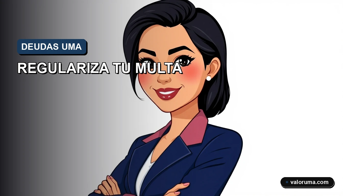 Ilustración plana de medio cuerpo de una contadora elegante en traje azul marino, con expedientes oficiales y un sello fiscal abstracto, al extremo derecho del encabezado corporativo.