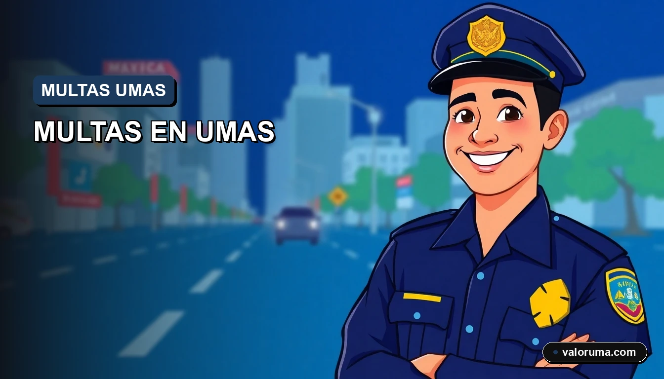 Ilustración de un oficial de tránsito amigable en estilo corporate Memphis, con fondo azul oscuro y espacio negativo a la izquierda, para guía de multas en UMAS a pesos 2026.