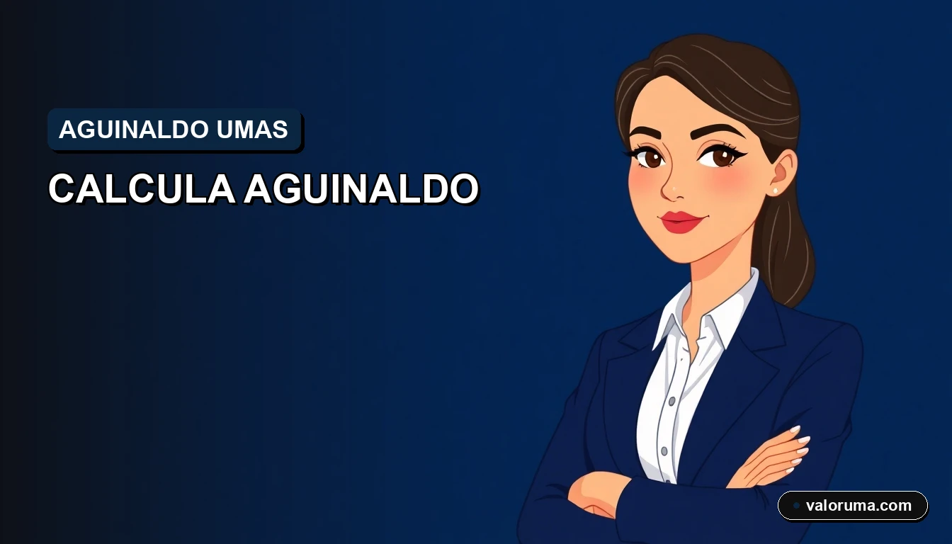 Ilustración vectorial de un contador profesional en media figura, al borde derecho, junto a un sello oficial de gobierno y documentos de cálculo de aguinaldo en UMAS. Fondo azul corporativo.