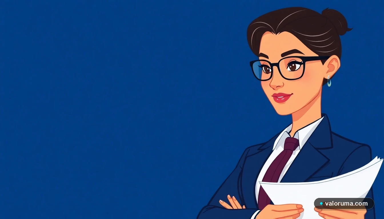 Ilustración plana de un contador mexicano profesional calculando el aguinaldo con la UMA 2026, fondo azul corporativo vacío a la izquierda.