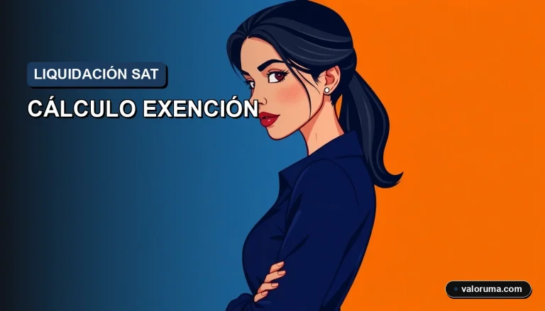 Ilustración corporativa Memphis de una contadora atractiva con blusa azul marino y blazer blanco, gesto de alivio, fondo naranja tenue, firma del SAT al fondo