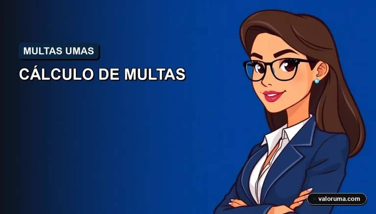 Ilustración premium de retrato de contador mexicano con expediente legal para calcular multas en UMAS en 2026, fondo azul corporativo vacío a la izquierda