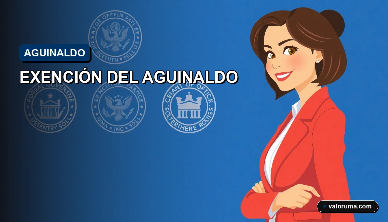 Ilustración vectorial corporativa de una mujer contadora mexicana sonriente, con fondo de sellos oficiales abstractos y gráficos de impuestos, representando la exención del aguinaldo en UMA 2026.
