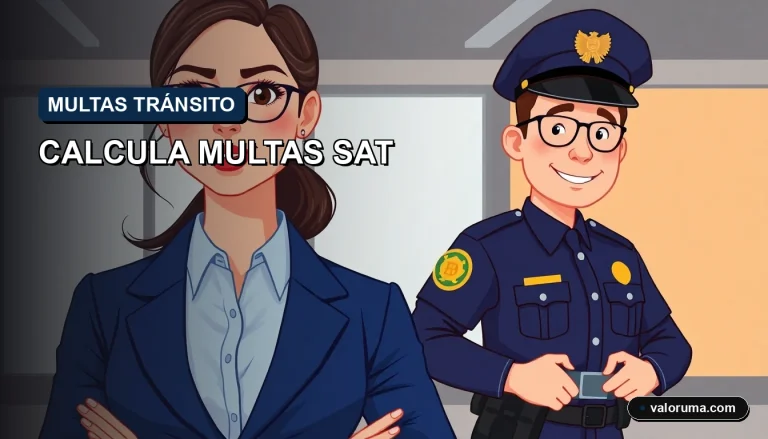 Ilustración vectorial 2D de agente de tránsito amigable y contador inteligente calculando multas SAT en UMAS, estilo Corporate Memphis, fondo azul corporativo.