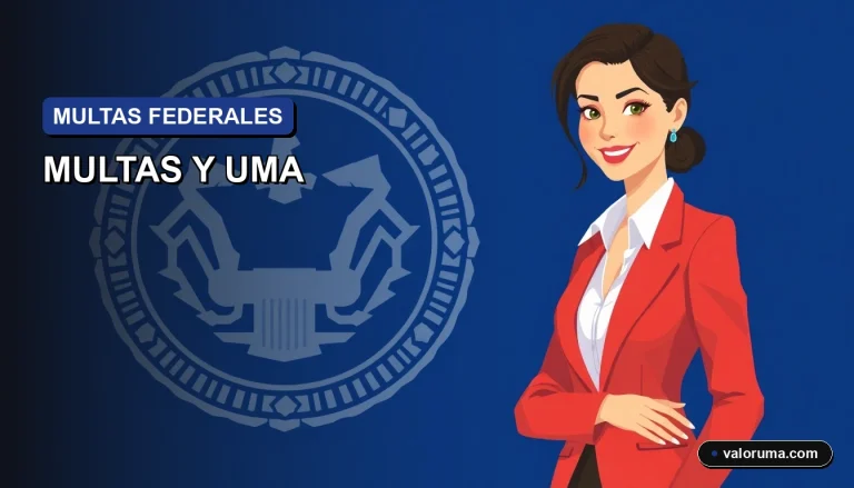 Ilustración vectorial corporativa estilo Corporate Memphis de una contadora mexicana moderna, con fondo de oficina gubernamental y sello oficial abstracto, representando el cálculo de multas federales en UMA para 2026.