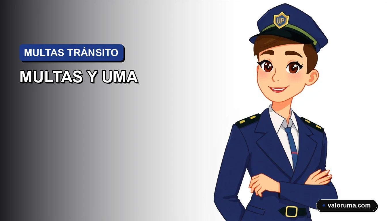 Ilustración vectorial plana corporativa de un oficial de tránsito amigable y un contador, sobre fondo minimalista, representando el cálculo de multas con la UMA.