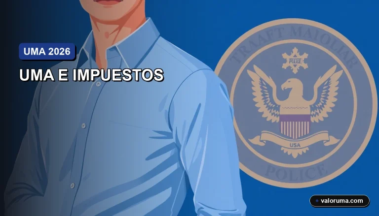Ilustración vectorial corporativa de un contador mexicano analizando el impacto del valor anual de la UMA en cálculos fiscales y multas para el año 2026.