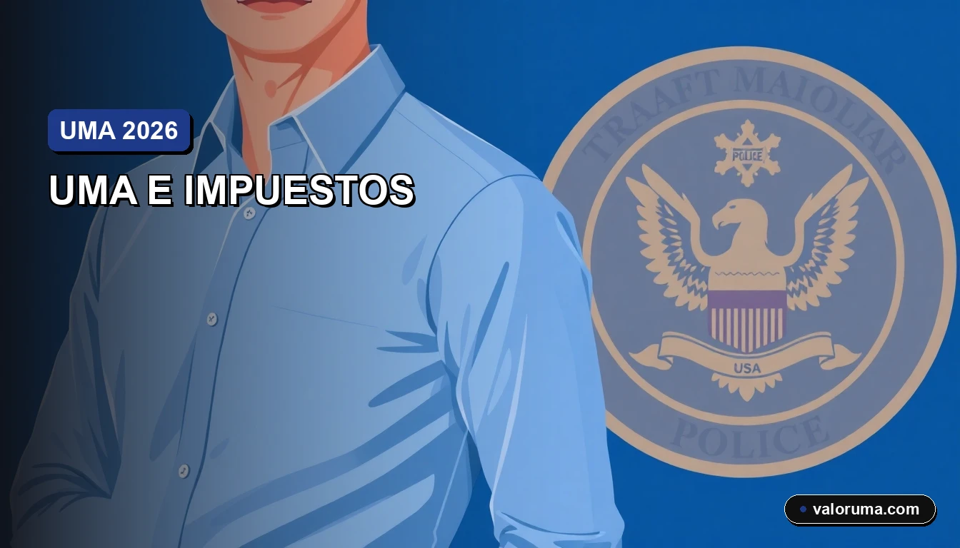 Ilustración vectorial corporativa de un contador mexicano analizando el impacto del valor anual de la UMA en cálculos fiscales y multas para el año 2026.