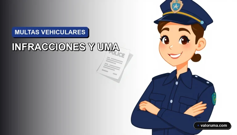 Ilustración vectorial corporativa de un agente de tránsito amable junto a un documento oficial con gráficos, sobre fondo azul profundo, representando el cálculo de multas en UMA.