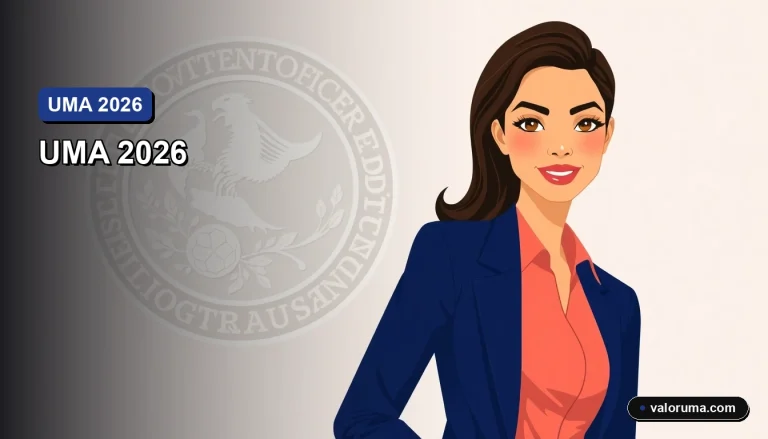 Ilustración vectorial corporativa de una contadora mexicana profesional junto a un sello oficial, representando el valor y las aplicaciones legales de la UMA para 2026 en cálculos fiscales y multas.