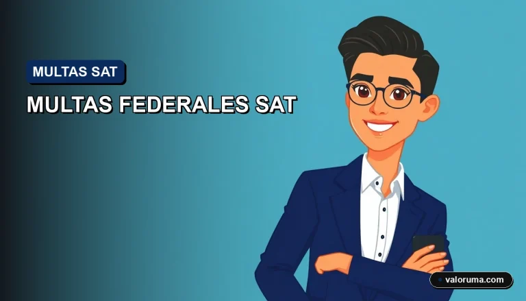 Ilustración de un contador profesional con estilo Corporate Memphis, fondo azul corporativo, concepto de multas del SAT en México 2026.
