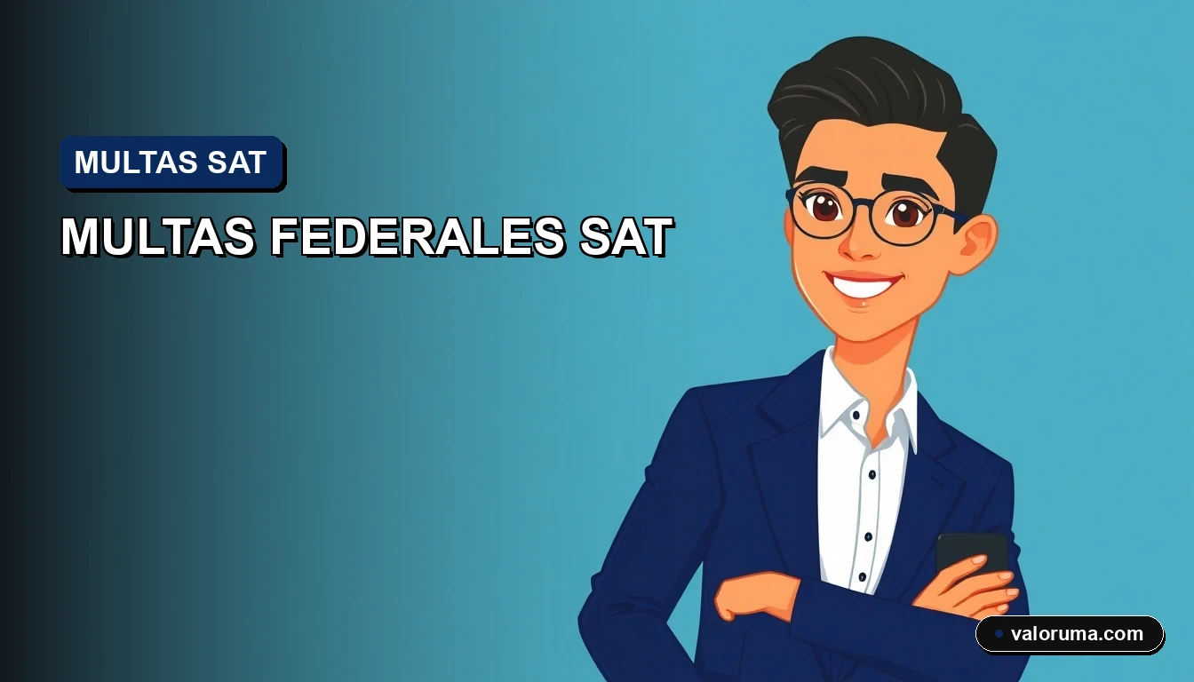 Ilustración de un contador profesional con estilo Corporate Memphis, fondo azul corporativo, concepto de multas del SAT en México 2026.