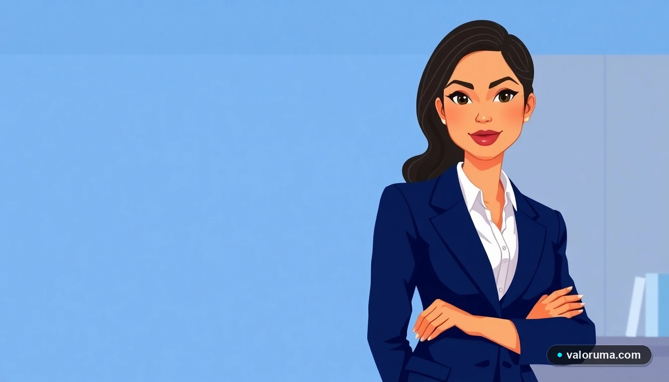 Ilustración de contadora mexicana profesional en oficina legal, fondo azul corporativo, espacio negativo para texto.