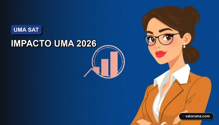 Ilustración vectorial corporativa de una contadora mexicana analizando el impacto de la UMA 2026 en una declaración fiscal, con fondo minimalista.