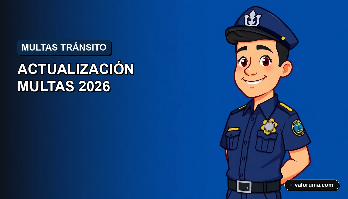 Ilustración corporativa de un oficial de tránsito amigable en estilo plano moderno, fondo azul profundo, espacio negativo a la izquierda, para blog de multas UMA 2026