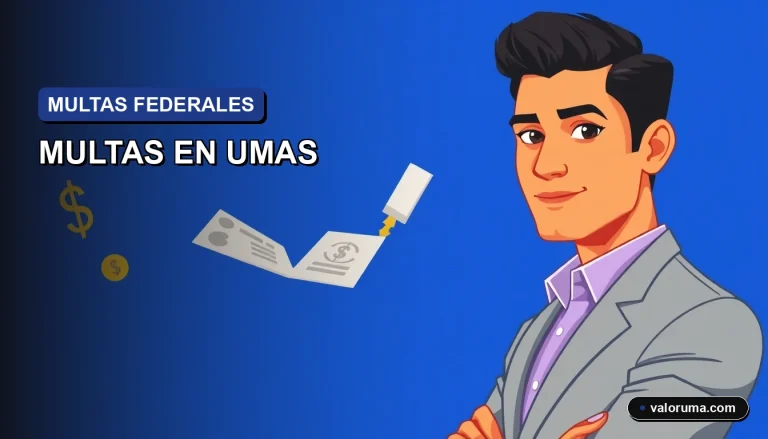 Ilustración vectorial corporativa de un contador mexicano analizando una tabla de multas federales en UMAS, con fondo minimalista en azul profundo.