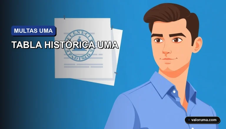 Ilustración vectorial corporativa de un consultor fiscal revisando un documento oficial con el sello de la UMA, sobre fondo minimalista azul.