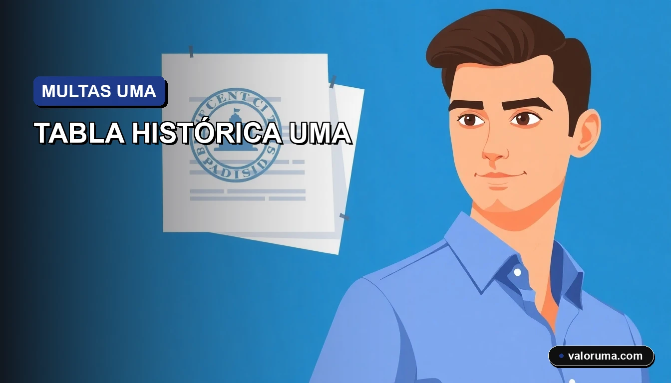 Ilustración vectorial corporativa de un consultor fiscal revisando un documento oficial con el sello de la UMA, sobre fondo minimalista azul.