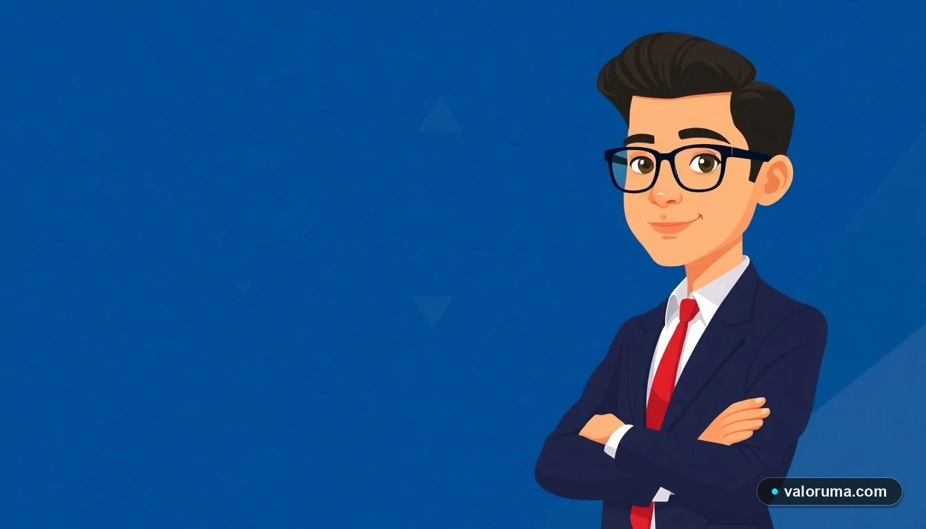 Ilustración plana de contador mexicano con fondo azul corporativo, espacio negativo para texto, representación de trámites fiscales y legales con la UMA 2026.