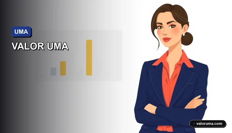 Ilustración vectorial corporativa de una profesional financiera mexicana junto a un gráfico de cálculo, representando la consulta del Valor de la UMA para el Estado de México en 2026, con fondo de sellos oficiales abstractos.